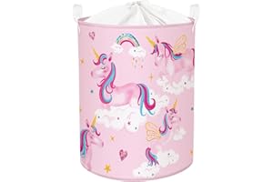 Clastyle 45L Cesta Ropa Sucia Rosa Unicornios Arco Iris para Chicas Cestos Almacenaje Juguetes Niños Plegable Redonda de Dormitorio, 36x45 cm