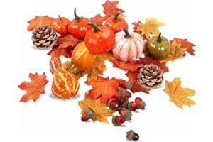 BUKEZUDANG Mini Künstliche Kürbisse, Künstliche Ahornblätter Kürbis, Mini Künstliche Kürbisse Deko Set, Halloween Kürbis Deko, Tannenzapfen und Kürbis, für Halloween das Erntedankfest Weihnachten Partydekor