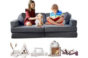 TIPICHOU Divano modulare per bambini – transformable in divanetto letto a 2 posti per bambino o bambina, area giochi, poltrona, materasso da pavimento, regalo bambini, Possibilità di gioco infinite (Grigio)