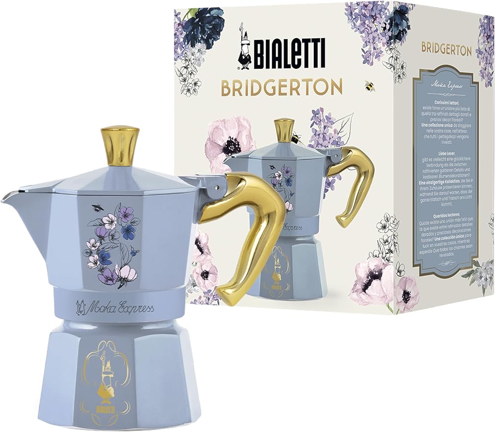 Bialetti - Moka Express Bridgerton: 3 Cups Ocak Üstü Espresso Pişirici - 130ml - Mavi Renk - Alüminyum Gövde - Patentli Güvenlik Valfi - Tüm Ocak Türleri İçin Uygundur (İndüksiyon Hariç)