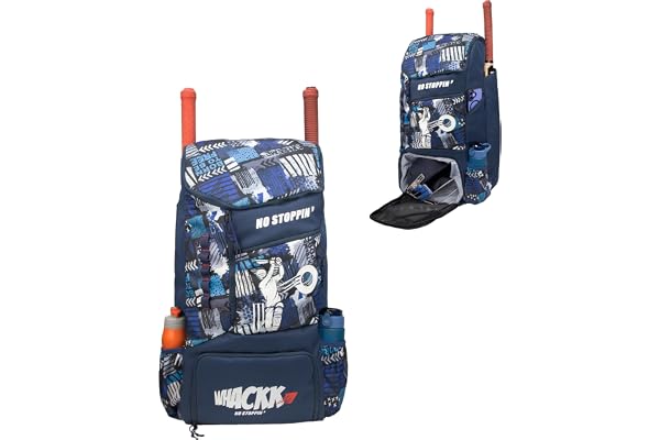 Whackk Kallis 103L Unisex Cricket Kit Bag Backpack Adult Size 2 Bat Shoe/Helmet Pocket Main Compartment 18" Leg Pad 2 Bottle Holder Easy Access Pocket Player Edition Senior (navy printed)