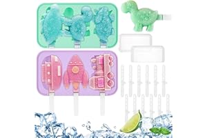 ENJOYTHINK 2 Pcs Kids Ice Lolly Moulds with 12 Sticks, Lollies Moulds, Easy Release Lollipop Moulds Silicone, Dinosaur ＆ Vehicle Shapes Popsicle Molds for Kids, BPA Free Reusable Ice Pop Maker (Purple ＆ Green)