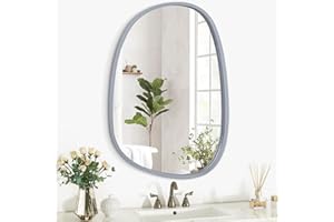 LZUSO Asymmetrical Hanging Mirror Irregular Oval Wood Frame Wall Mirror Modern Unique Decorative Entryway Bathroom Vanity Living Room Bedroom Artistic Wall Mirror Gery