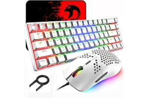 LEXONELEC 60% mechanische Gaming-Tastatur, Blauer Schalter, Mini-68 Tasten, kabelgebunden, Typ C, 18 Hintergrundbeleuchtungseffekte + leichte optische RGB Maus mit 6400 DPI, Wabenmaus + großes Mauspad - Weiß