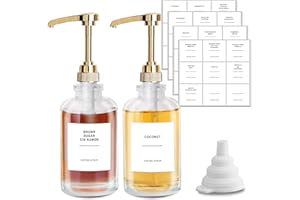 sunal Coffee Syrup Dispenser,Gold 500ml/16.9 oz Syrup Dispenser,Set of 2 Glass Syrup Bottle,Syrup pump Dispenser with 1/4oz Large Capacity Pump and 36 Waterproof Labels&Funnel for Kitchen Coffee Bar