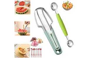 LJEVANDRIA Melonenschneider Edelstahl 3-in-1 Wassermelonen Schneider,Obstschneider Melone,Melonenmesser,Melonen Schneider,Melonenausstecher mit Kugelausstecher und Portabilität Obst Gabel