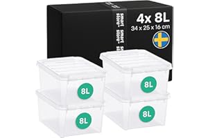 SmartStore - 4x Boîte de Rangement Plastique avec Couvercle Classic 8L (34x25x16cm) | Empilable et de Qualité Alimentaire | Boîte Plastique avec Couvercle & Coins Renforcés | Garantie 10 Ans