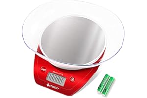 Etekcity Báscula Digital para Cocina Báscula de cocción de acero inoxidable Multifunción con bol extraíble, 5 kg / 11 lb, batería AAA incl., Rojo/ Plata