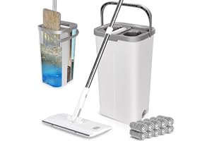 Midyb Kit Balai Serpillere et Seau Essoreur, Microfibre Plat avec 10 Tampons & Tête 360 Degrée, Autonettoyant et Séchant à 2 Compartiments, Convient à Tous Types de Sols