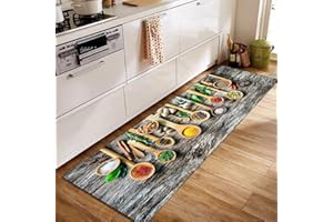 Fchen Art Black Kitchen Rug, Large Rug, Colorful Cooking Spice On Each Spoon, Non-Slip Rug Runner for Bedroom, Kitchen, Farmhouse, 60 x 150 cm