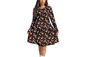 NetSetUK Women's Novelty Skater Christmas Print Dress Round Neck Casual Swing Dresses for Ladies Plus Size