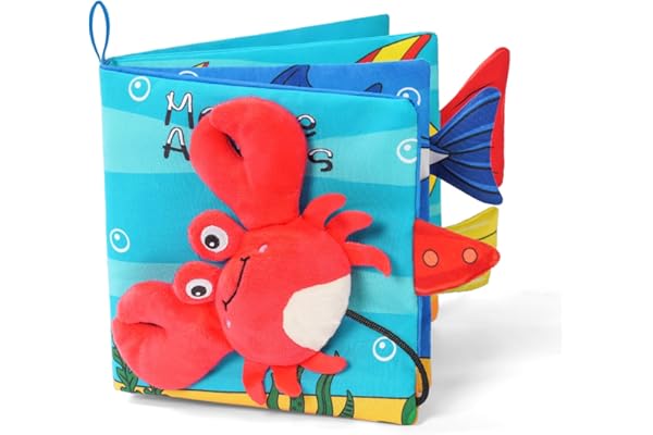 Vicloon Livre Tissu Bébé Eveil, Jouet Educatif Enfant Idée Cadeau Dès la Naissance, Doux Froissé avec des Animaux (Crabe)