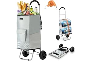 WONSEFOO Carrello Portaspesa, 2 en 1 Pieghevole Carrello Spesa & Carrello a Mano, con Borsa Impermeabile Rimovibile-Capacità 75L/50kg & Cordino Elastico Regolabile, 2 Grandi Ruote Silenziose grigio