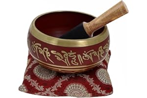 Ajuny Stupendo set di campane tibetane rosse - Campana da meditazione in ottone da 4 pollici di diametro con bastone e cuscino per yoga, guarigione dei chakra e ciotola per alleviare lo stress