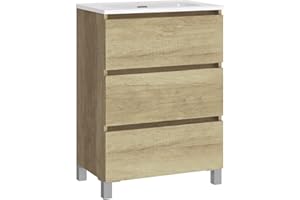 Baikal Conjunto de Mueble de Baño LESI. Compuesto por Mueble con Patas y Lavabo Cerámico. Tres Cajones. Melamina 16mm. Mueble MONTADO. Fondo 39cm 60 cm Nature