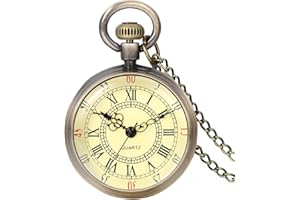 JewelryWe Retro Vintage Roman Numerals Dial Quartz Transparent Glass Lid Pocket Watch Long Necklace Pendant 31.7 Inch Chain (with Gift Bag)