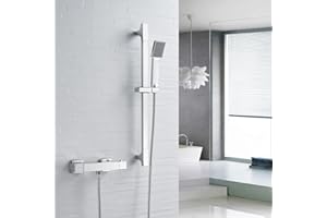 NewEast Thermostatic Shower Mixer Set, Square Shower Valve with Adjustable Riser Kit, Chrome Wall Mounted Shower System