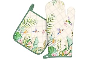 Arquiel Guante De Horno Agarraderas, 100% AlgodóN Guante De Cocina Resistente Al Calo Grueso Seguro para Cocinar, Hacer Barbacoas Microondas Y para La Chimenea(Planta Tropical colibrí)