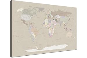 ‎LANA KK Weltkarte-Pinnwand als Leinwandbild, pinne Deine Reisen und Erinnerungen – World Map Cappuccino - Deutsch - Landkarten-Wandbild in braun, 80 x 60 cm