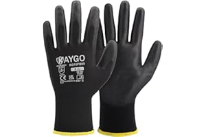 KAYGO Work Gloves PU Coated-12 Pairs, KG11PB, Black Safety Working Gloves with Secure Grip on Palm & Fingers, for Men and Women, Ideal for General Duty Work, Gardening(Large, Black)