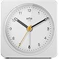 Braun Classic Analogue Alarm Clock with Snooze and Light, Quiet Quartz Sweeping Movement, Crescendo Beep Alarm in White, model BC03W.