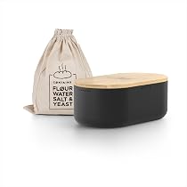 LARS NYSØM Boîte à Pain Bambou - 34x18.5x13.5cm - Sac Lin Inclus - Couvercle Planche à Découper - Noir