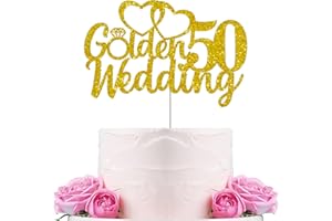 Gidobo 50th Wedding Anniversary Cake Toppers with Heart Cupcake Toppers, Glittery Golden Weddding Anniversary Heart Cake Decoration for Celebration Party Supplies