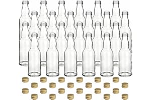 gouveo Juego de 24 botellas de cristal de 200 ml con cuello de pico y tapón de rosca dorado – Botellas pequeñas para licor, licor, zumo, vinagre y aceite – Juego de botellas con recetas