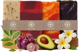 SAVIA DE ALMA Pack 4 Jabones Artesanales Naturales – Jabones Sólidos de Aguacate, Pepita de Uva, Monoï y Árbol de Té | Jabón Facial, de Manos y para el Cuerpo | Veganos, Hidratantes | Hecho en España