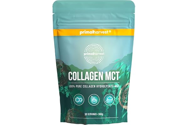 Primal Harvest Collagen poudre - 30 portions Premium Collagen Complex - alimentation durable à l'herbe - hydrolysat de collagène- goût neutre & solubilité optimale (1 Bag (30 Servings), MCT)