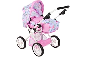 Bayer Chic 2000® 3in1 Kombi Puppenwagen Leni - Flowers Rosa - faltbar, höhenverstellbarer Griff 43-67 cm, Tragetasche – Puppen bis 46 cm, ab 3 J.