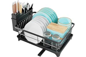 TidyIsles Dish Drainer Rack - Space Saving Dish Rack with Utensil Holder, Dish Rack for Kitchen Counter, Sink Drainer Rack with Drain Board Rack, Black