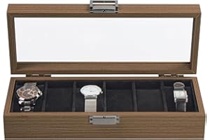 LAUBLUST Uhrenbox aus MDF 6 Fächer - ca. 31 x 12 x 7 cm, Naturbraun | Uhrenkasten mit Sichtfenster-Deckel