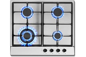 SNDOAS Gas Hob 4 Burners, 60cm Stainless Steel Cooktop, Built-in Gas cooker Hob, 8060W, NG/LPG Convertible, Silver Metallic Finish with Automatic Ignition