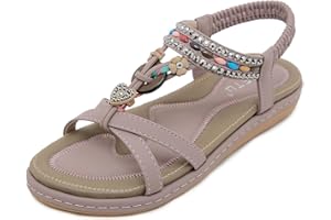 Meik Mangni Damskie płaskie sandały damskie bohema elastyczny pasek w kształcie litery T eleganckie letnie klapki buty diamentowe Rhinestone Toe Post Sandały Rozmiar: 3,5-8 UK