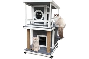 HICAPTAIN Cuccia per gatti a 2 piani con terrazza, tetto per interni ed esterni, resistente alle intemperie, resistente ai raggi UV, in legno di abete, grigio