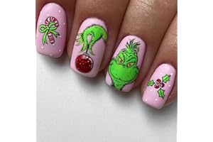 TELAIN Boże Narodzenie, krótkie kwadratowe sztuczne paznokcie, różowe paznokcie z kreskówką, zielony potwór i wzór laski cukrowej, zimowe sztuczne paznokcie dla kobiet i dziewcząt