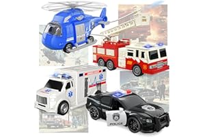 Lot de 4 véhicules d'urgence, Jouets d'ambulance 1:20, véhicules alimentés par Friction avec lumière et Son, Jouets pour Enfants pour garçons de 2, 3, 4, 5, 6 Ans