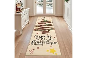 Geanup Weihnachtsteppich Läufer für Flur 60 x 180 cm, Beige Baum Waschbar Teppich Weihnachten rutschfest, Weicher Kurzflor Küchenteppich für Wohnzimmer Schlafzimmer Badezimmer Winterdekoration