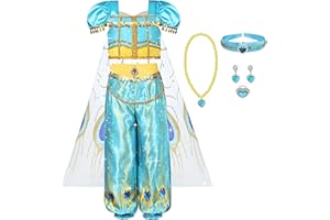 AUYAO Kostium jaśminu, 8 szt., sukienka księżniczki, zestaw z topem/spodniami/naszyjnikiem/peleryną / opaską na czoło/pierścionkiem/kolczykami, kostium Aladyna, Cosplay, kostium księżniczki, na