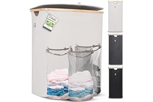HENNEZ 150L Extra Large Laundry Basket 3 Compartments - Family Laundry Hamper Basket with Removable Bags - 3 Section Laundry Basket with Lid - Dirty Laundry Sorter for Laundry Bin