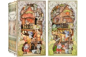Cutefun DIY Book Nook Miniature Dollhouse Kit 3D Wooden Bookend Puzzle Booknook Bookshelf Insert Decor Model Build-Creativity Gift Kit with LED Light Elven Paradise(SZ06)