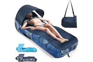 Outplea Hamac Gonflable avec Parasol, Portable Canapé Gonflable Air Sofa Eau et Terre, Imperméable Pouf Gonflable avec Sac, Pliable Sofa Gonflable pour Jardin Camping Plage, Plume Bleu Marine