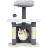 Lionto Cat Scratching Tree with Cave, 65 cm, Grey/White | Compact scratching post with plush ball, cave, platform and sisal f