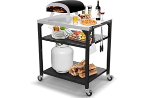 GFTIME Pizzaugnsbordsvagn för Ooni, Ninja Woodfire, Blackstone Griddle, Weber Q, stor rullande köksö, universell grillstativ, rostfritt stål grillvagn med 3 våningar