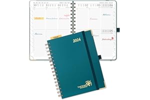 POPRUN Agenda 2024 A5 Semainier 21,5 x 16 cm, Planner Vertical 12 Mois De jan 2024 à déc 2024 avec Couverture Rigide Spirale, Poche intérieur, Papier Certifié FSC®100 g/m²- Vert Pacifique
