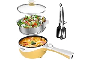 ‎AUDECOOK Audecook Electric Hot Pot with Steamer, 1.7 L/20 cm Electric Frying Pan, Hotpot Pot, Non-Stick Mini Electric Pan, Multi Cooker for Dorm Ramen, Steak (I (Yellow/1.7 L with Steamer))