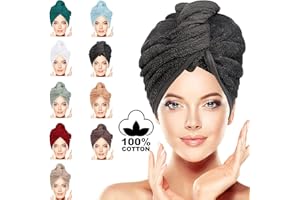 BAVIN LUXURY Hair Towel Wrap 100% Cotton, Instant Drying Lightweight Turban Cap Super Quick Absorbent Anti-Frizz Twist Toweling Dry Hat with Button Loop for Long Curly Hairs, 62CM x 23CM Charcoal Pair
