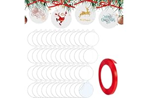 TSKDKIT 50 szt. bombek bożonarodzeniowych, przezroczyste, akrylowe, okrągłe ozdoby świąteczne ze wstążką, płaskie bombki do rękodzieła, duże, przezroczyste, akrylowe krążki świąteczne na imprezę na