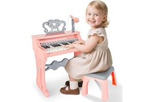 deAO Piano Para Niñas, 25 Teclas Electrónicos Piano Musical Con Micrófono Y Taburete,Piano Infantil 22 Canciones, Varios Modos De Música, Usb/Mp3,Rosa